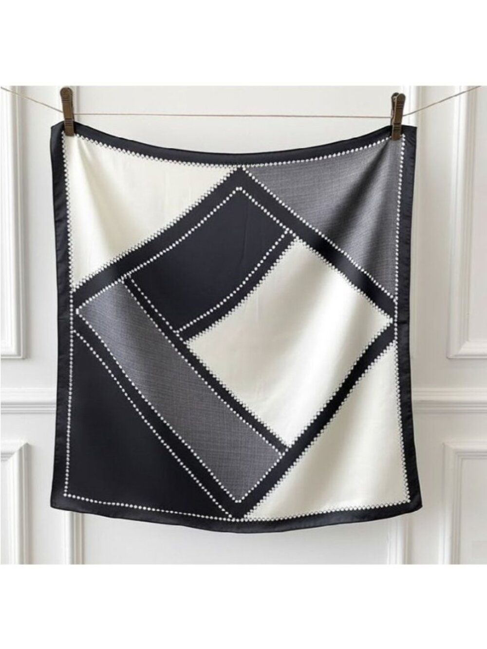 ⭐Luxury Elegant Silky Scarf Black Grey Taupe Plaid Geometric Pattern Square Wrap